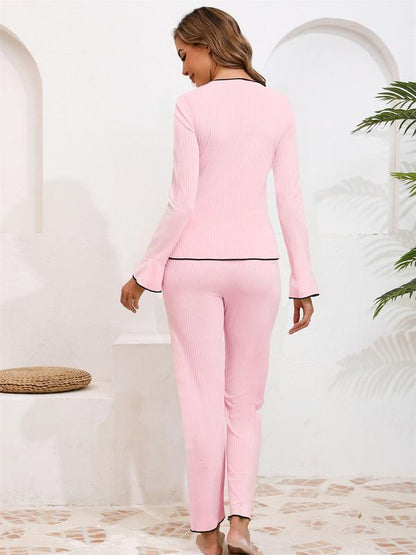 Women'S Spring & Fall Ice Silk Pajama Set, Sweet Bow Trim V Neck Long Sleeve Top, Elastic Waist Pants, Casual Home Wear